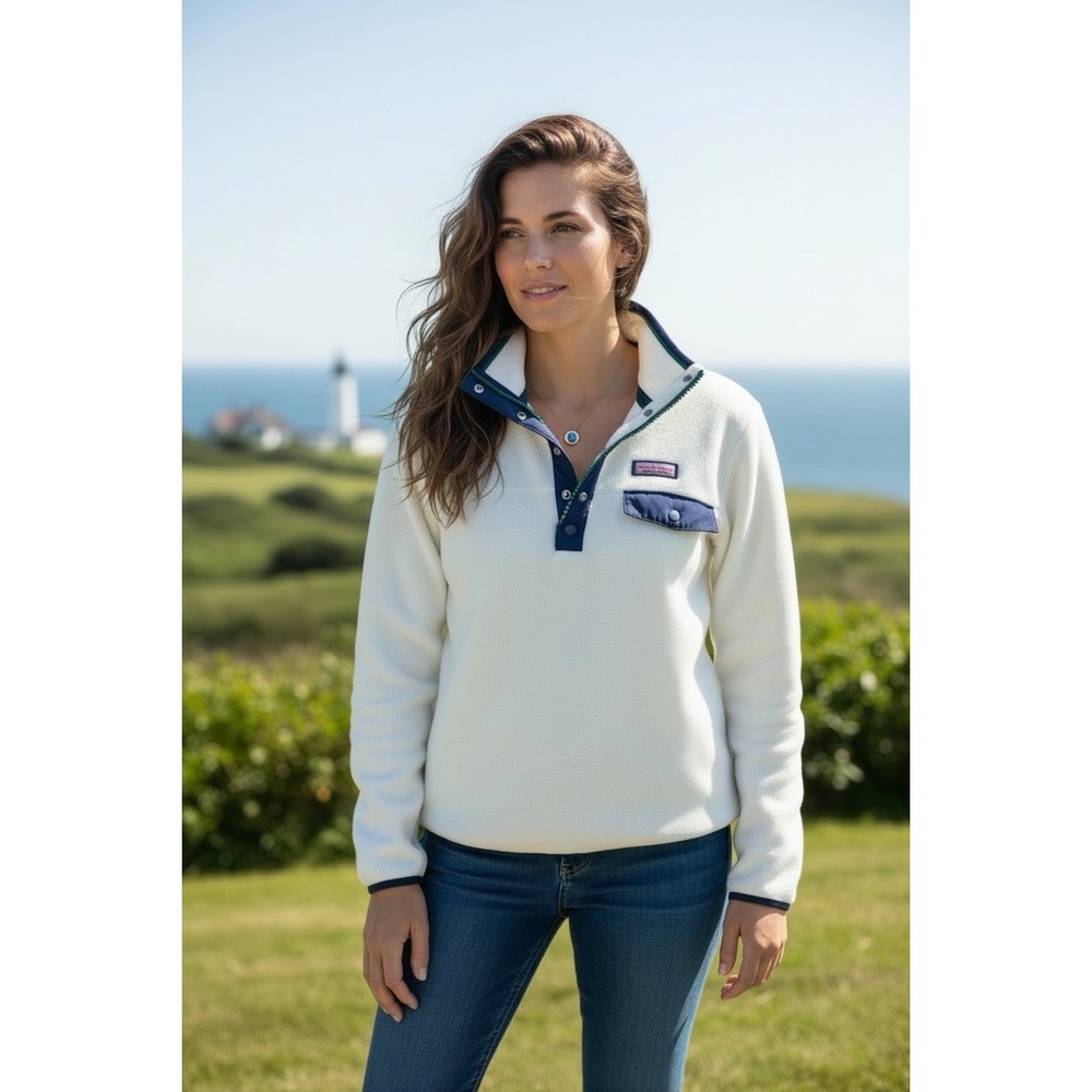 Vineyard Vines Womens Harbour Fleece 1/4 Zip Marshmellow Blue Snap Medium New